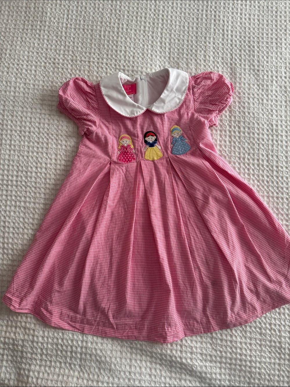 Girls' Pink Gingham Dress with Princess Appliqués and White Peter Pan Collar